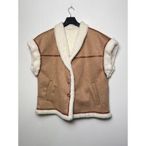 Womens Faux Suede Sherpa Lined Vest‎ Khaki Tan Button Front Pockets Size XXL